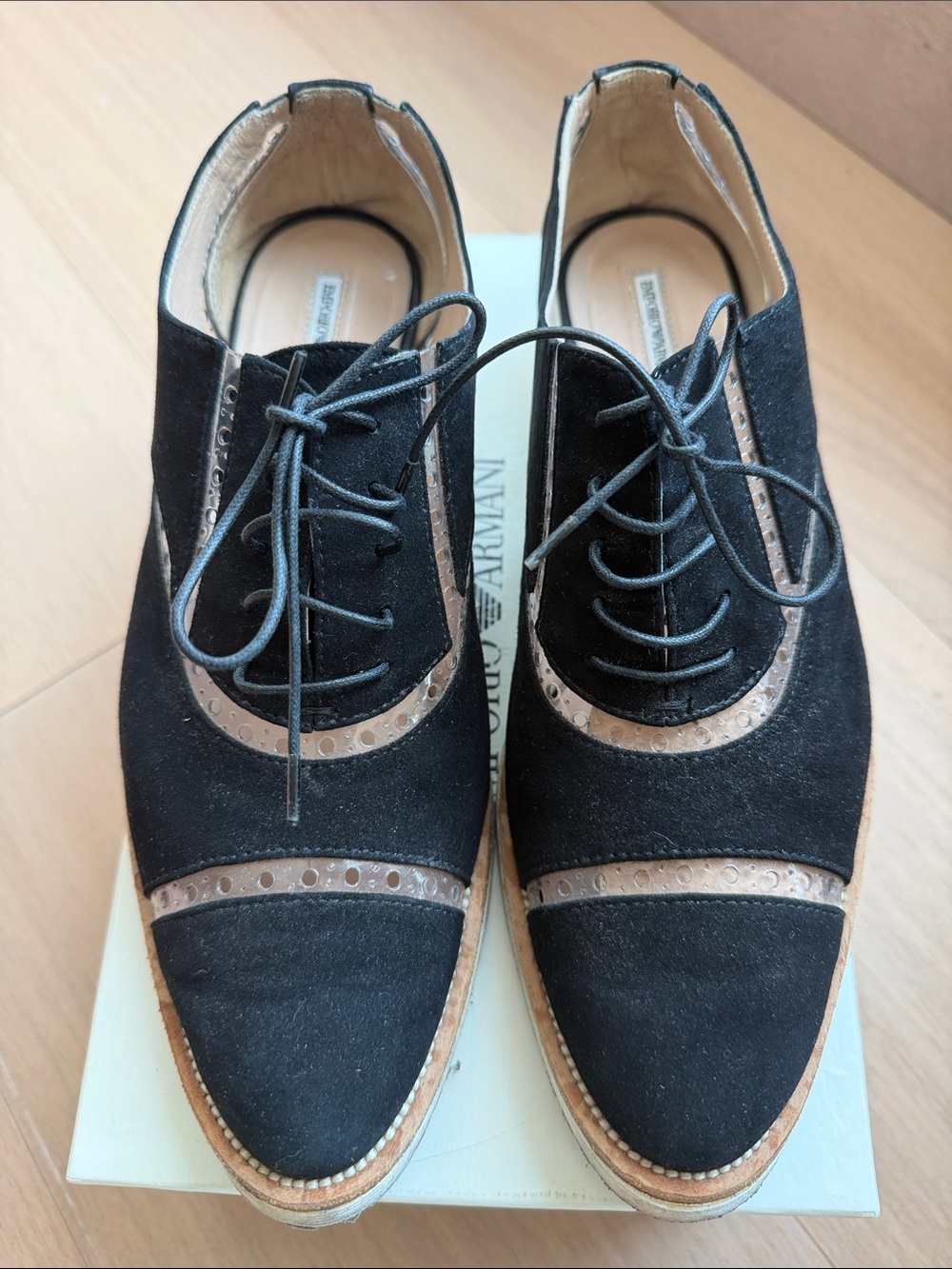 Giorgio Armani Black Suede Oxford Shoes with Tan Trim